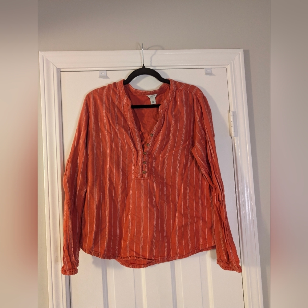 L.L.Bean Men’s Large Rust Striped 100% Cotton Long Sleeve Popover Henley